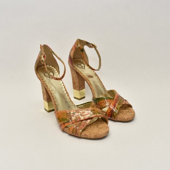 Sz 8 Cork & Gold Block Open-toe Block Heel - Picture 3 of 10